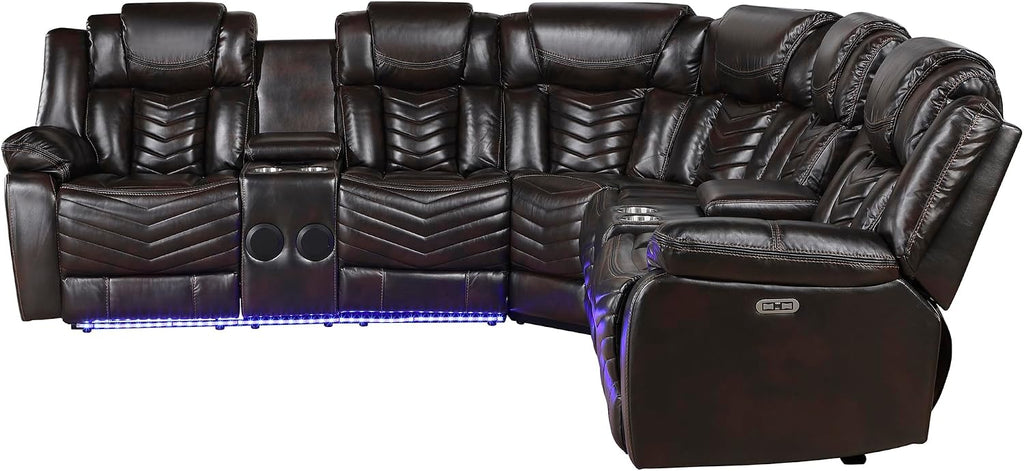 Lexicon Modern 3-Piece Power Reclining Sectional Sofa, Wall Hugger Faux Leather Sectional Couch, with Consoles, Speakers, Subwoofer and Led Lighting, for Living Room/Office/Apartment, Dark Brown