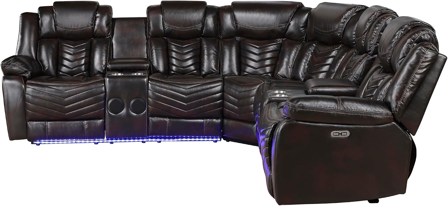 Lexicon Modern 3-Piece Power Reclining Sectional Sofa, Wall Hugger Faux Leather Sectional Couch, with Consoles, Speakers, Subwoofer and Led Lighting, for Living Room/Office/Apartment, Dark Brown