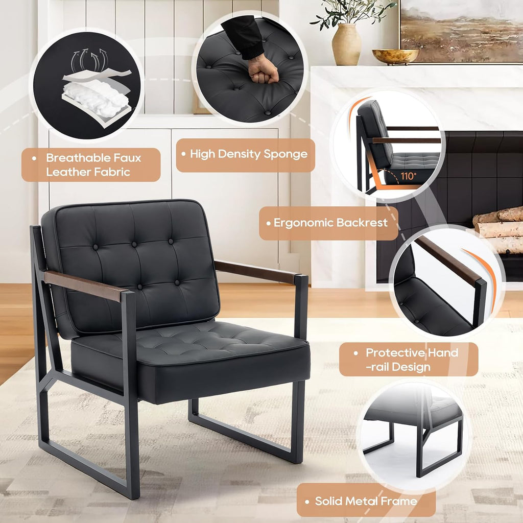 MALOL Black Leather Accent Chair, Accent Arm Chair for Living Room, Comfy Armchair with Metal Legs for Living Room Bedroom Reception Waiting Room