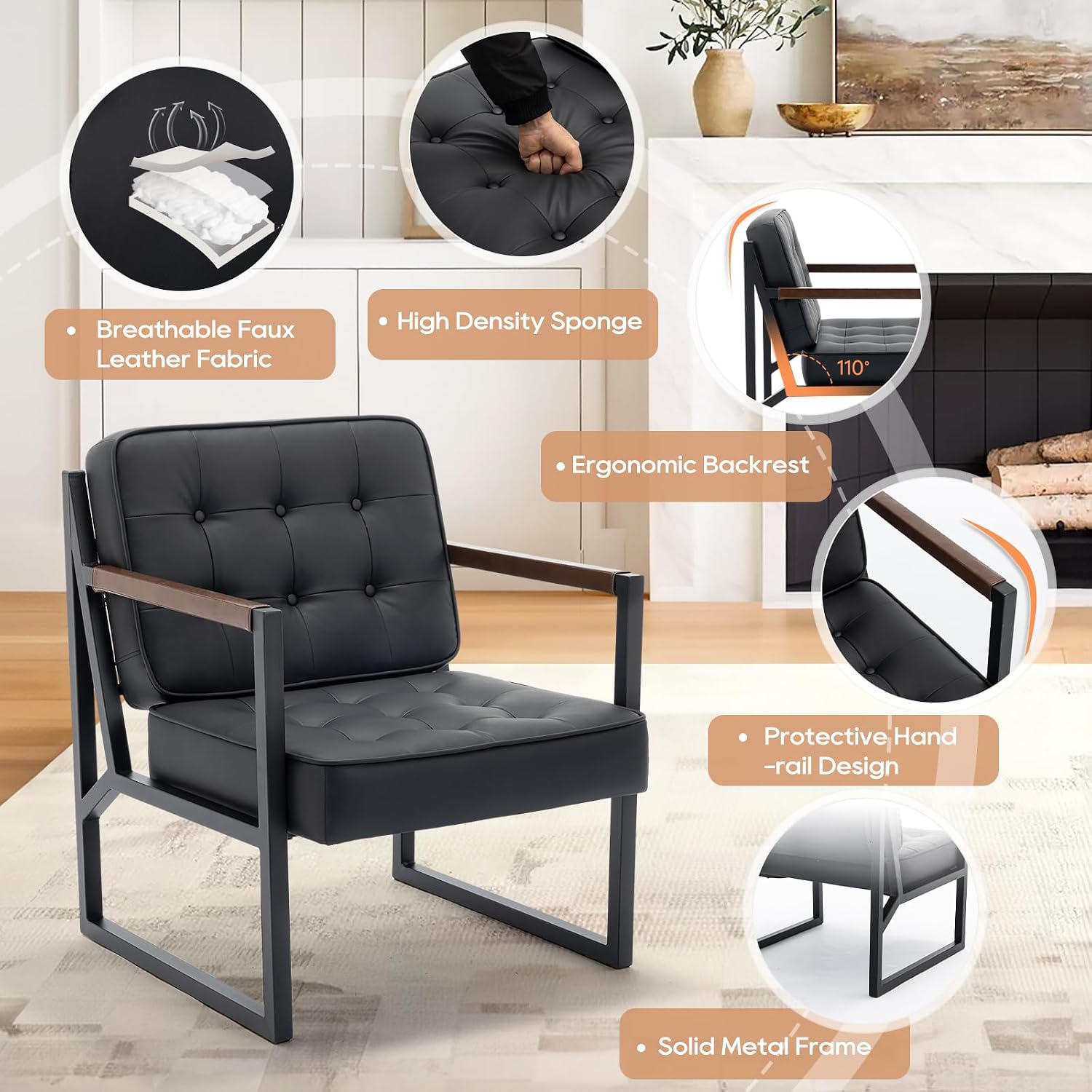 MALOL Mid Century Modern Accent Chair Set of 2, Comfy Living Room Chair, Black Leather Accent Chair, Faux Leather Reception Armchair with Metal Legs for Living Room Bedroom Reception Office, Black