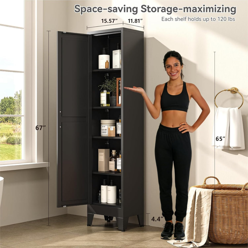 67' Tall Narrow Storage Cabinet with Reversible Doors and Adjustable Shelves,11.8' Deep By 15.7' Wide Metal Slim Cabinet for Bathroom Kitchen Garage Small Spaces,Black,1 Pc