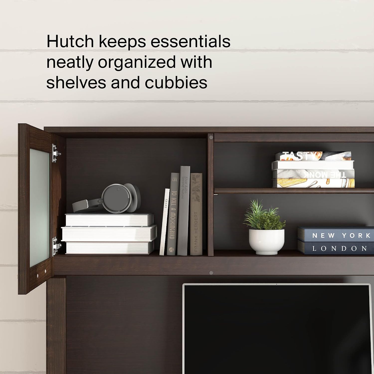 Bush Home 60-Inch Desk Hutch, Office Storage Organizer with Shelves, Cubbies and Frosted Glass Doors for Computer Desk, Home Office Furniture, Somerset Collection, Mocha Cherry
