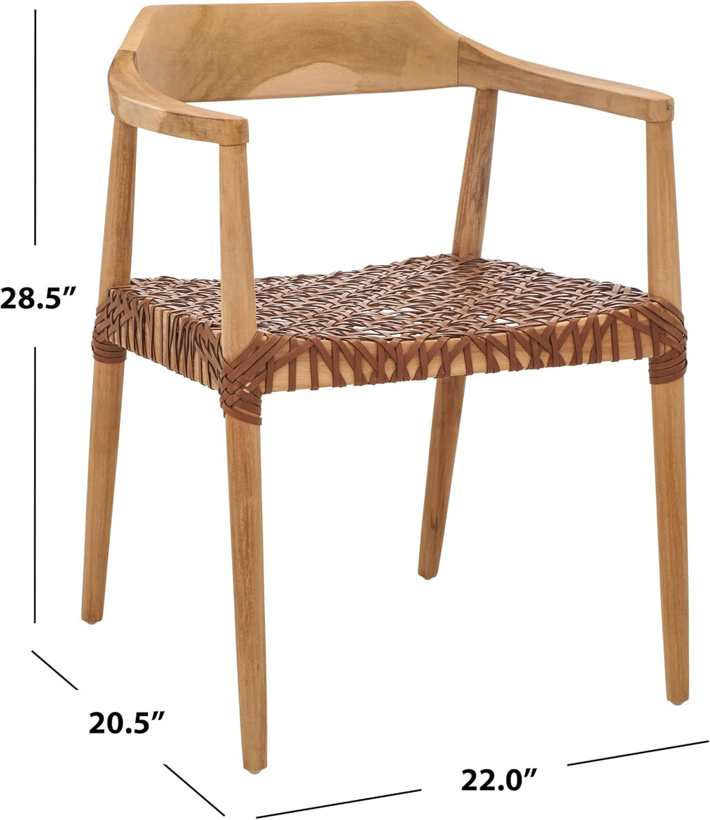 SAFAVIEH Home Collection Munro Natural Teak Wood/Light Honey Leather Woven Accent Chair (Fully Assembled)