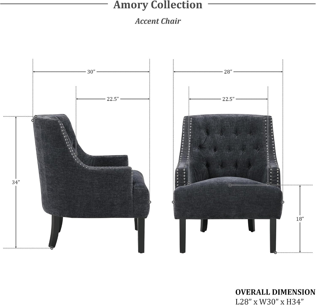 Lexicon Accent Chair Reading Chair Comfy Chair for Bedroom, Upholstered Armchair with Solid Wood Frame, Tufted Cushion Nail Head Trim, Single Sofa Chair for Living Room, Office, Black Chenille