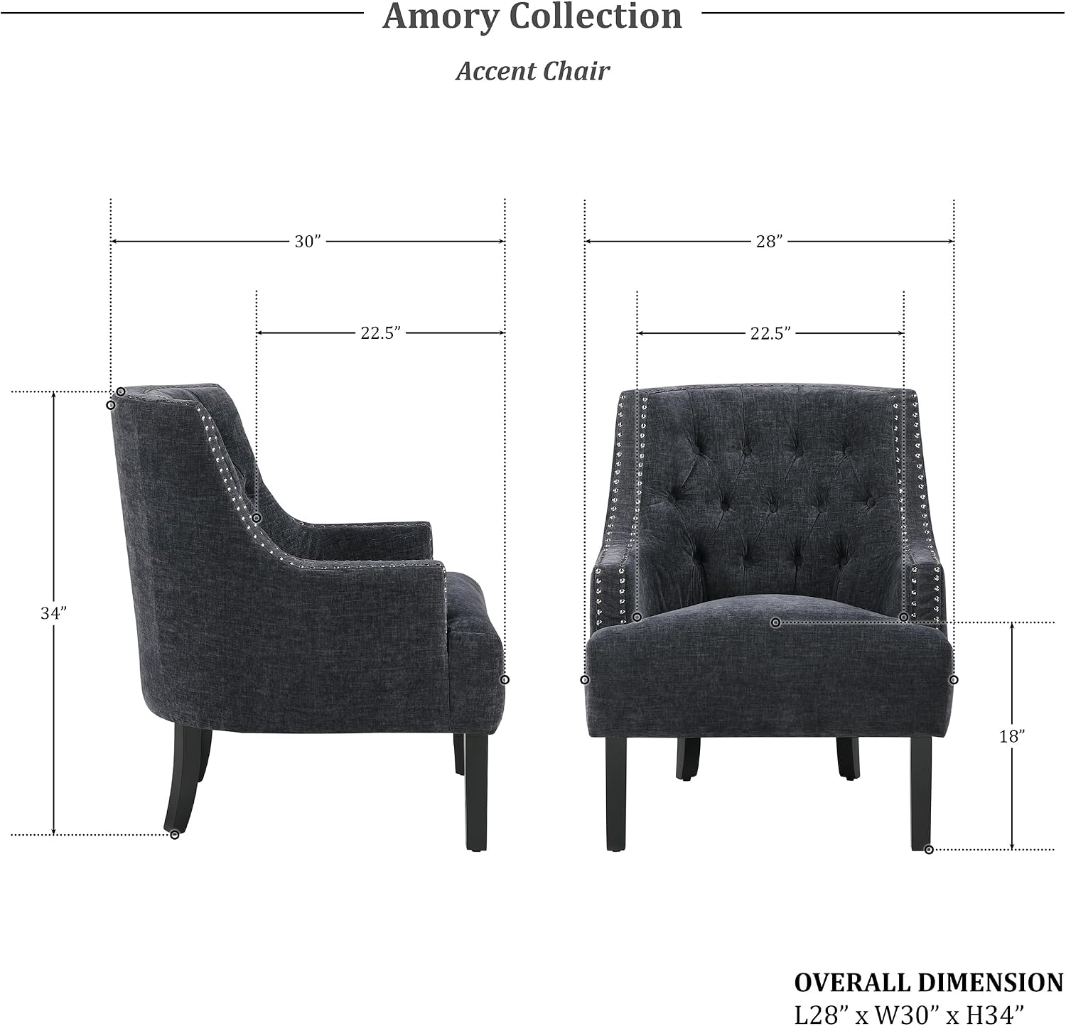 Lexicon Accent Chair Reading Chair Comfy Chair for Bedroom, Upholstered Armchair with Solid Wood Frame, Tufted Cushion Nail Head Trim, Single Sofa Chair for Living Room, Office, Black Chenille