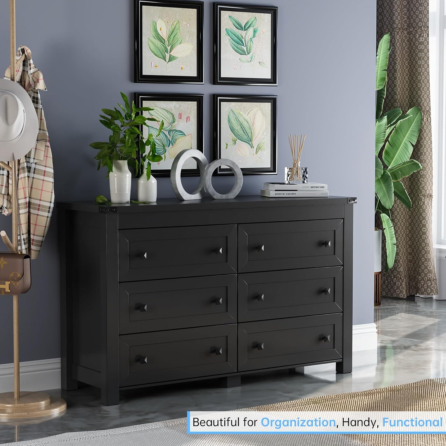 HUANLEGO Black Dresser for Bedroom with 6 Drawers, Modern Chest of Drawers, Wood Dressers Bedroom Furniture Wide Storage Organizer, 6 Drawer Dresser for Closet, Living Room, Hallway