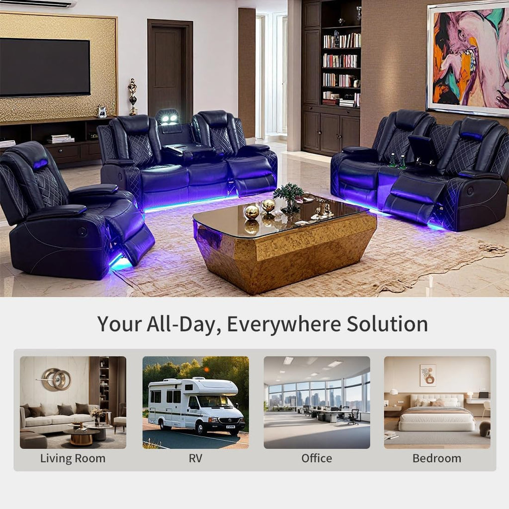 Power Leather Recliner Chair Set with LED Light, Black Leather Reclining Set, Living Room Furniture Sets, Modern Power Recliner Sets for Living Room/RV/Apartment(Black)