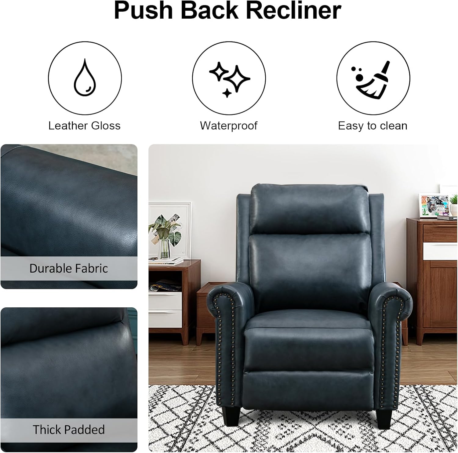 CANMOV Leather Recliner Chair, Classic and Traditional Push Back Recliner Chair with Comfortable Arms and Back for Living Room Bedroom Adjustable Single Sofa, Navy Blue
