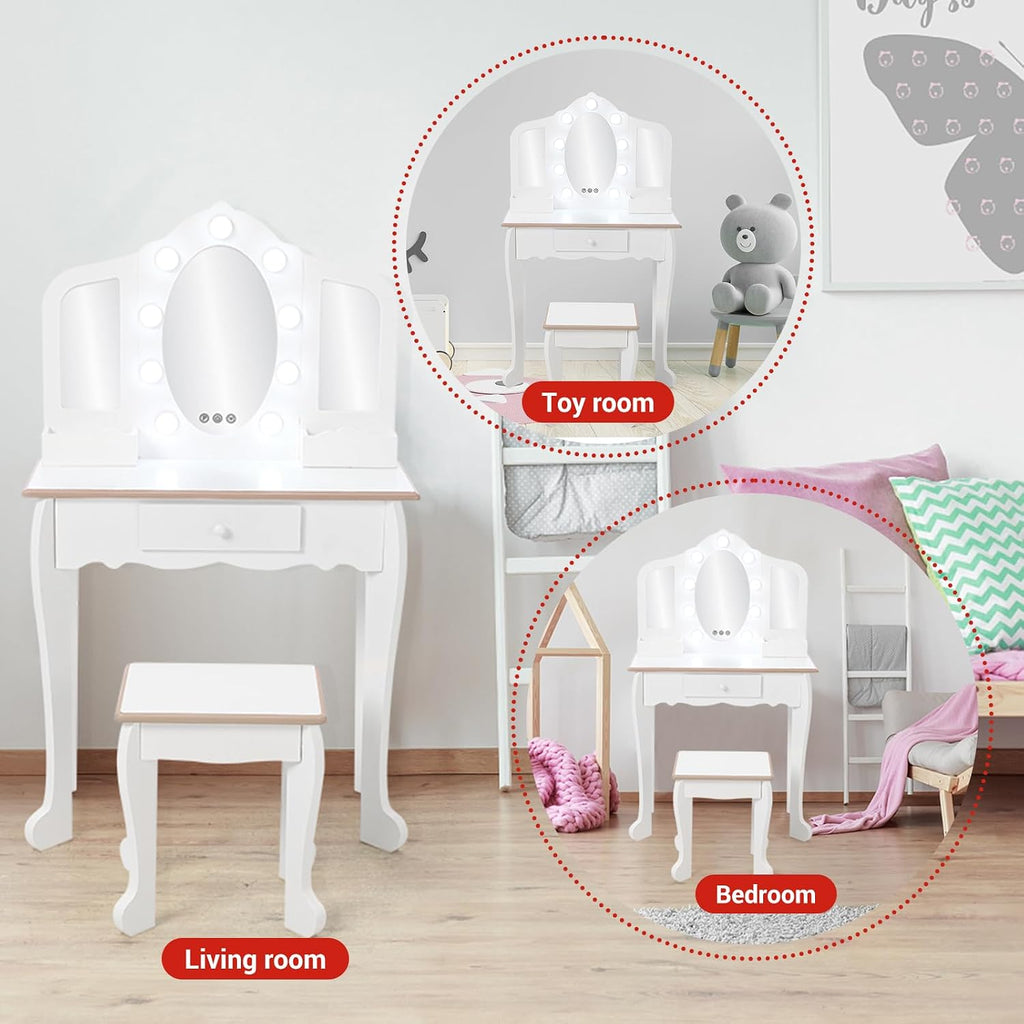 Garveehome Kids Vanity Table and Chair Set with Light, Girls Vanity with Mirror, Drawer and Pretend Playset, Wooden Princess Makeup Desk Dressing Table, Toddler Vanity (Batteries Not Included)