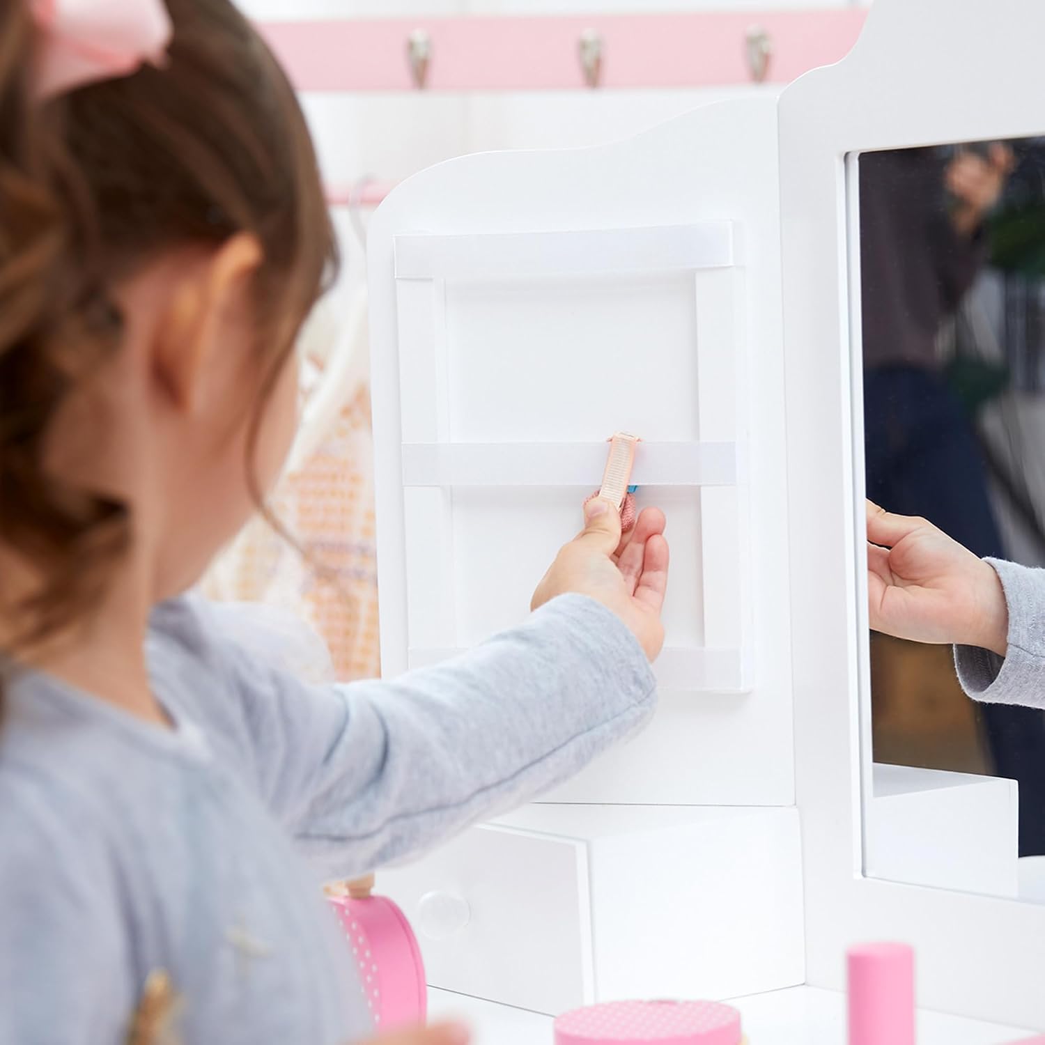 Teamson Kids White Wooden Vanity Table and Stool Set for Girls with Mirror Drawers Jewelry Storage Elegant Play Furniture for Bedroom or Playroom Ages 3+