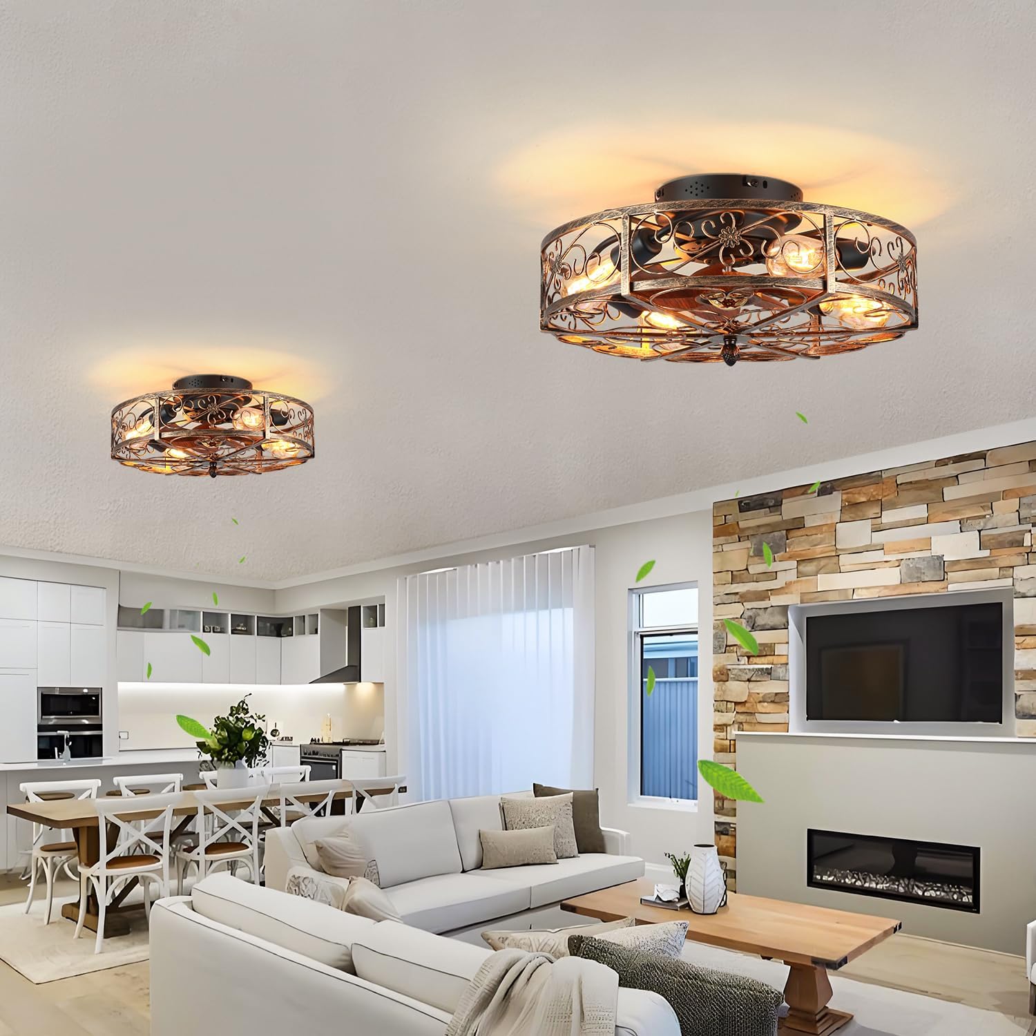 20'' Caged Ceiling Fan with Lights and Remote Control,Small Farmhouse Bladeless Low Profile Ceiling Fans Lights,Vintage Flush Mount Ceiling Light,Reversible Motor 6 Speeds for Bedroom,Living Room