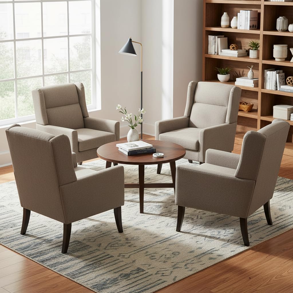 Zihanhome High Back Living Room Chairs,Accent Chairs Set of 4,Mid Century Modern Accent Chair, Comfy Reading Chair, Upholstered Armchair with Wooden Legs for Living Room, Bedroom, Apartment (4,Brown)
