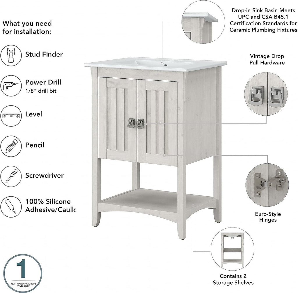Bush Home Salinas 48W Double Vanity Set with Sinks and Medicine Cabinets in Linen White Oak