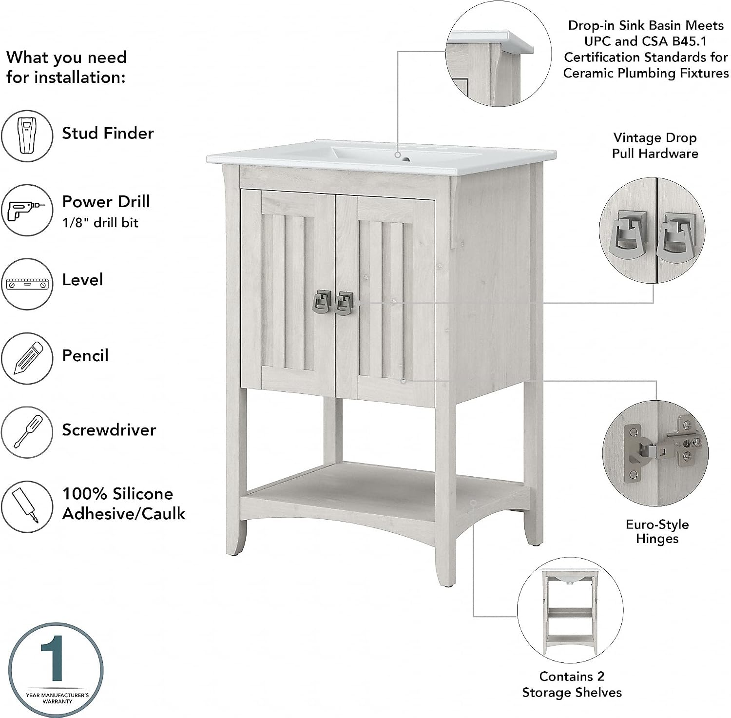 Bush Home Salinas 48W Double Vanity Set with Sinks and Medicine Cabinets in Linen White Oak