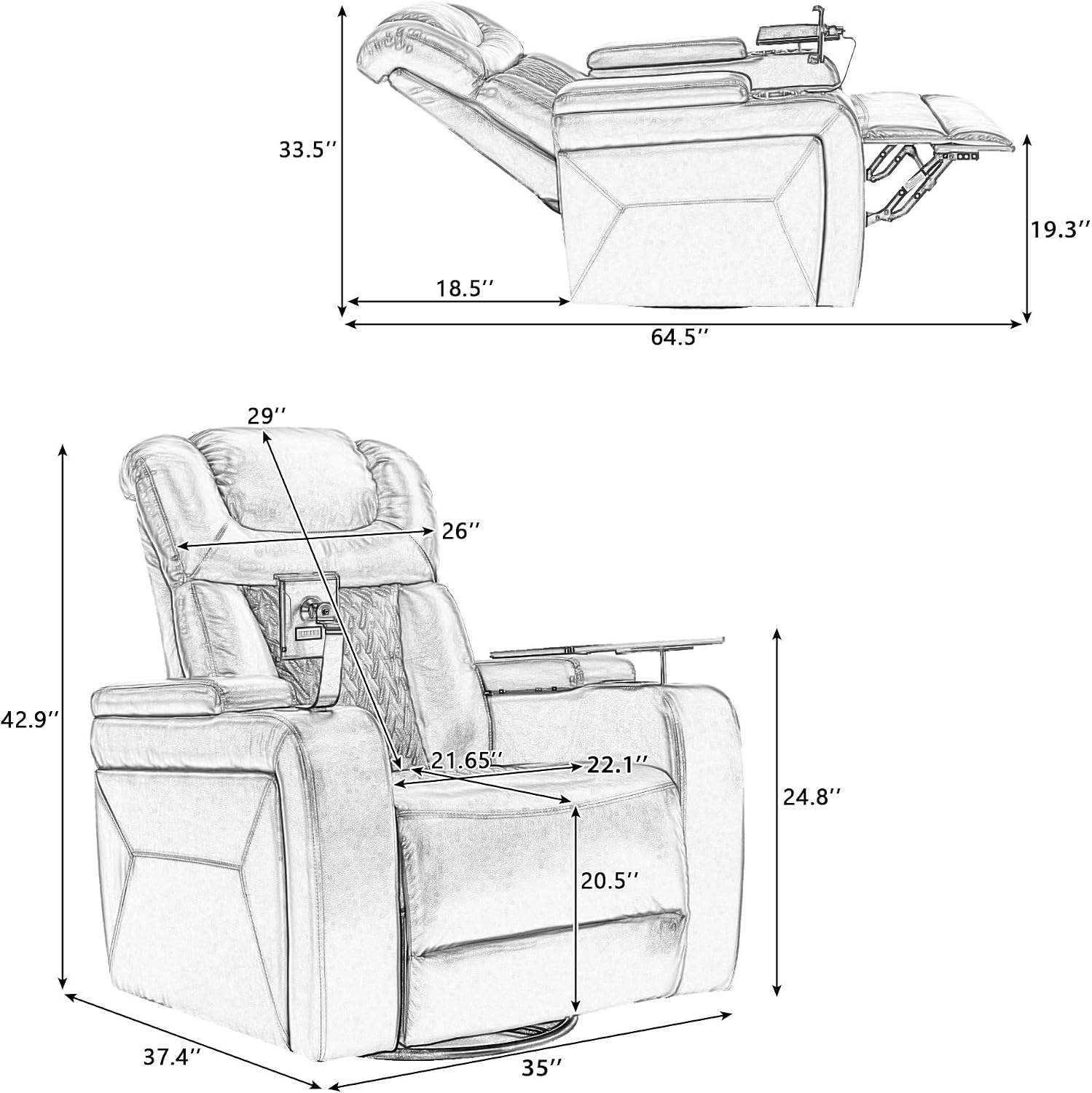 Ball & Cast Power Recliner Chair,270 Degree Swivel PU Leather Home Theater Seating for Living Room,Soft Individual Chair with Tray Table, Phone Holder,Cup Holder,USB Port,Hidden Arm Storage,White