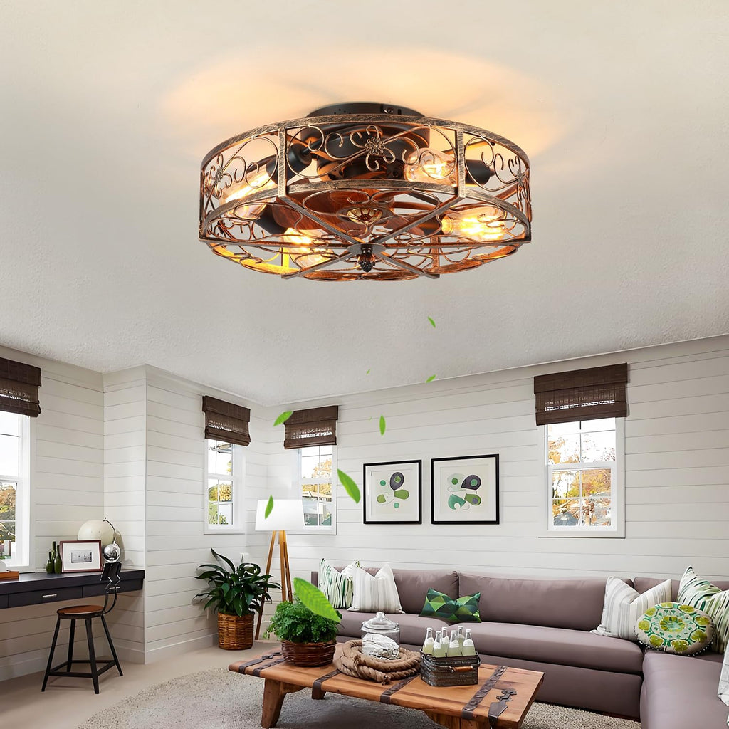 20'' Caged Ceiling Fan with Lights and Remote Control,Small Farmhouse Bladeless Low Profile Ceiling Fans Lights,Vintage Flush Mount Ceiling Light,Reversible Motor 6 Speeds for Bedroom,Living Room