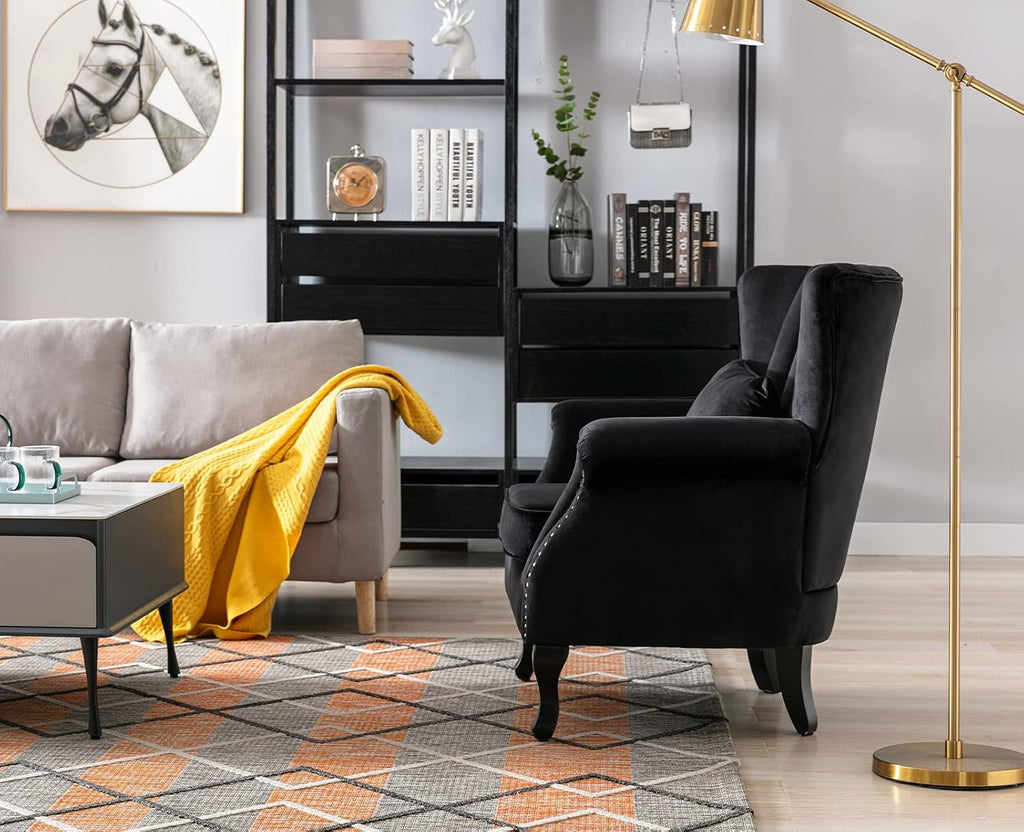 Kmax Black Accent Chair Velvet Wingback Chair with Pillow Nail-Head Channel Tufted Oversized Club Chair for Living Room Bedroom Guest Room