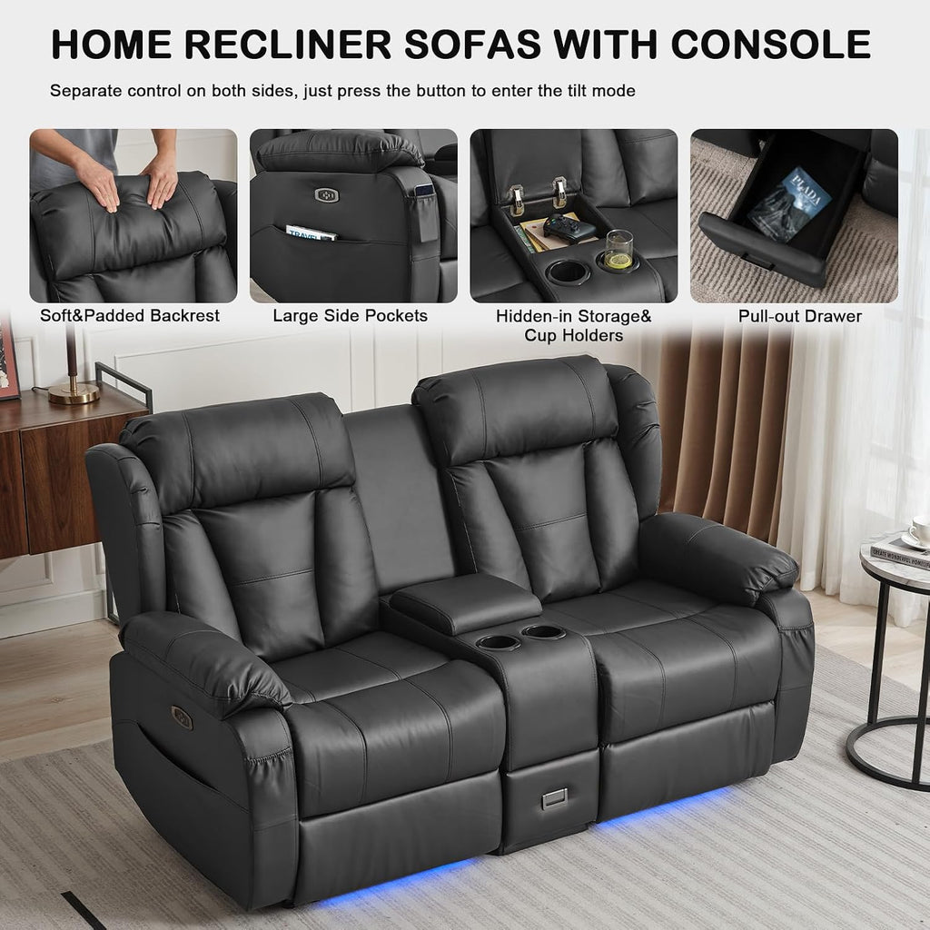 Power Reclining Loveseat Sofa, Loveseat Recliner Couch with Console, RV Recliners for Travel Trailers, Home Theater Seating with Cup Holders/LED/Drawer/USB/USB C (Black)