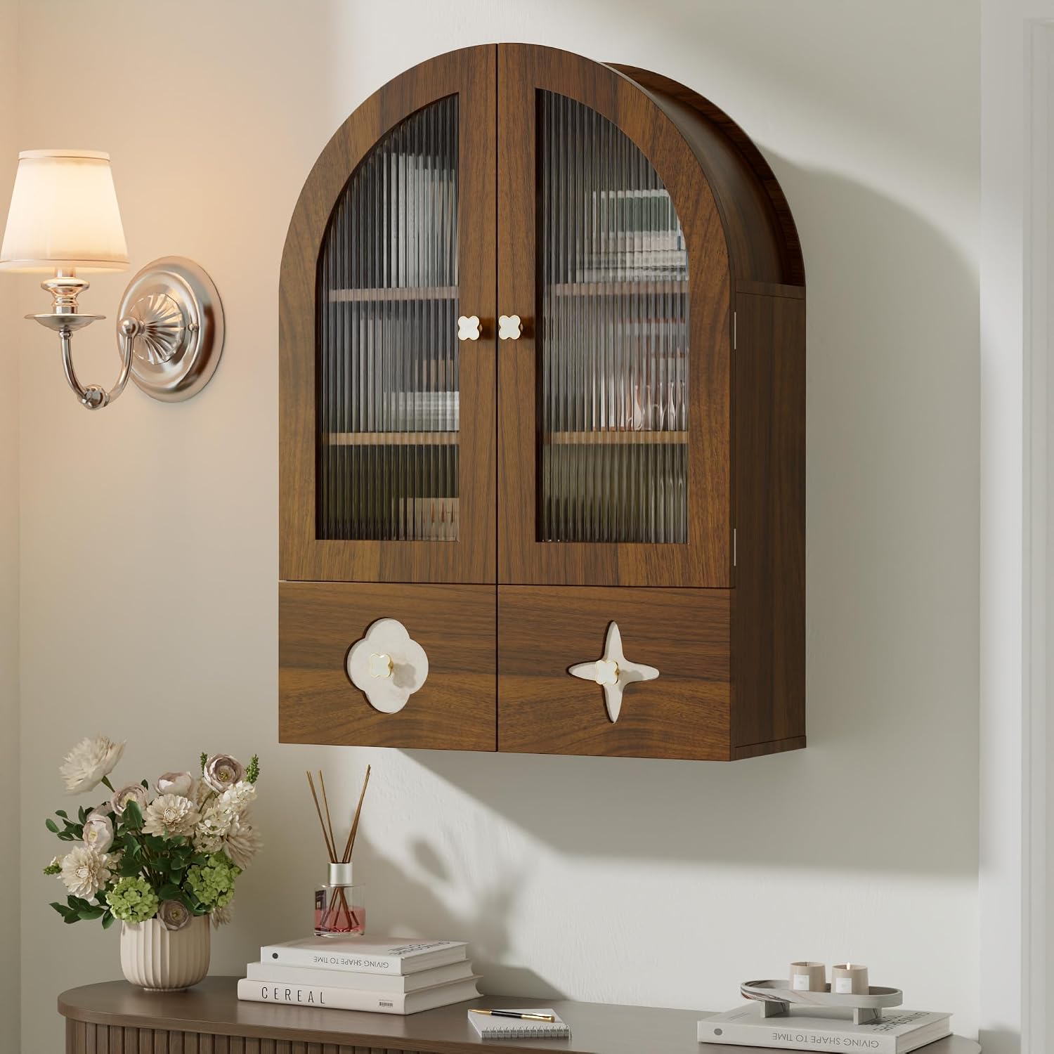 BREEZEHEAT Arched Bathroom Wall Cabinet, Medicine Cabinet Over Toilet Storage w/Fluted Glass Doors & Adjustable Shelf, Wood Hanging Cupboard for Laundry Room, Entryway, Kitchen, Walnut,23.6x33.5 Inch