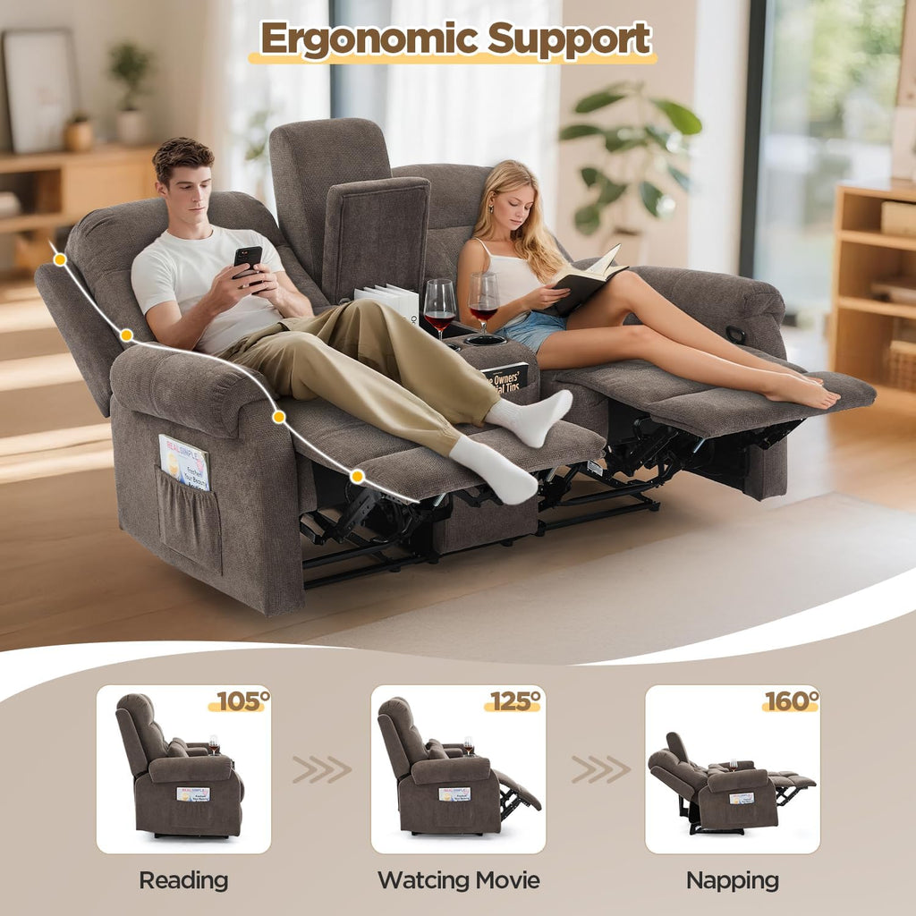 RV Loveseat Recliner with Console, Reclining Loveseat Sofa, Manual Home Theater Seating with Pockets/Cup Holders for Living Room/RV Furniture (Coffee Chenille)