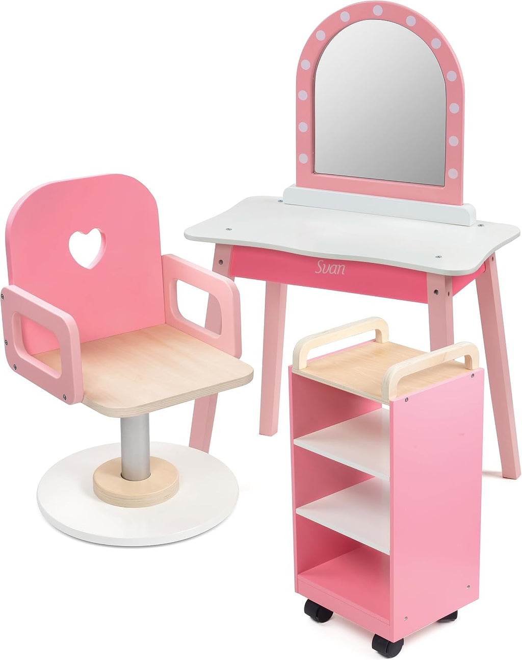 Pretend Hair Salon Wooden Play Set- Full Vanity Mirror with Chair & Rolling Cart- Playset Includes Blow Dryer, Brush, Styling Cutting Tools- Girls Hair Dresser Stand Center, Stylist Fun, Gift for Kids