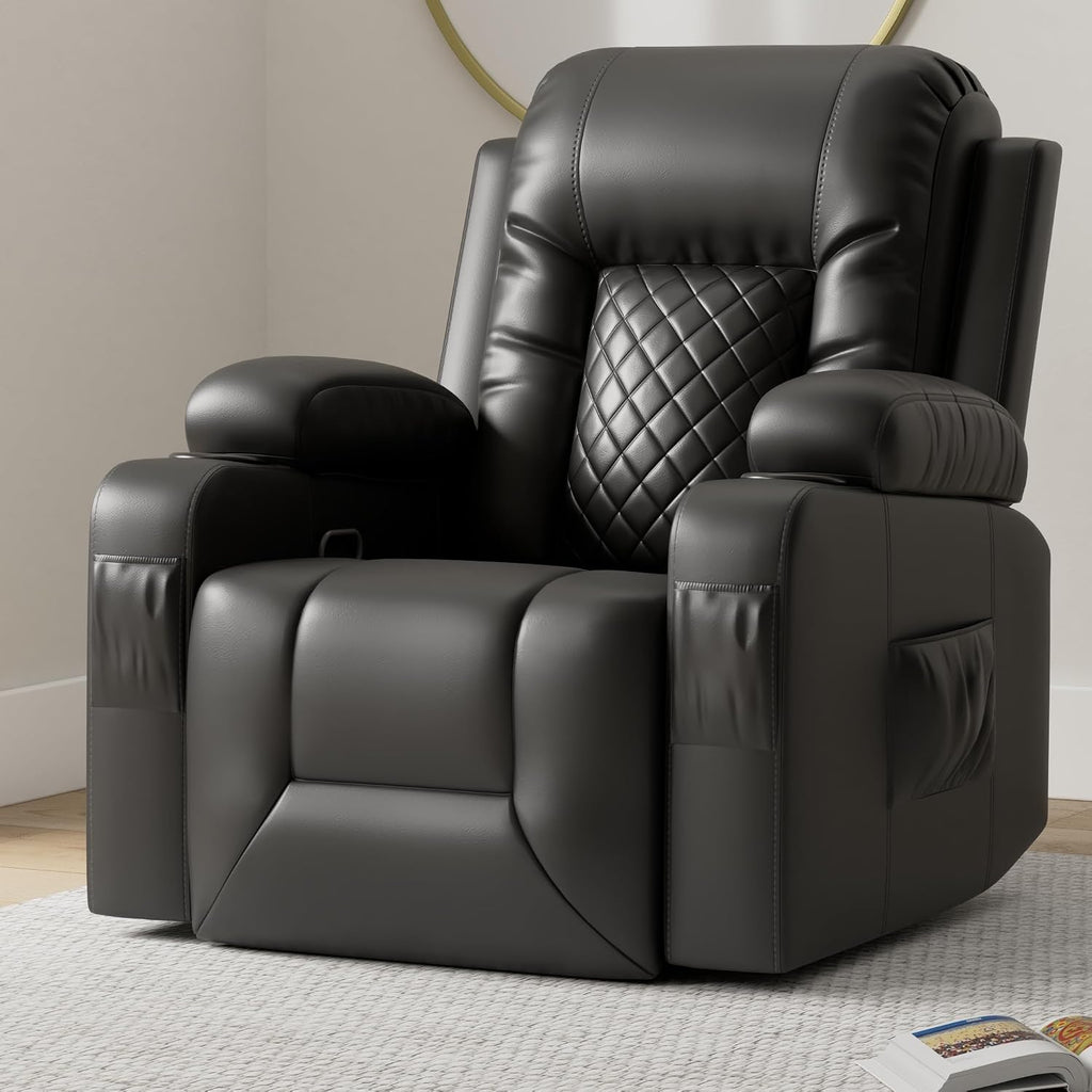 Recliner Chairs for Adults, FSC Certified Massage Reclining Chair with Heated Modern, Ergonomic Lounge Single Reclining Sofa Seat with Cup Holder & Pocket, Living Room Lounge Recliners Black
