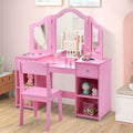AKUSTIK Kids Vanity, 2 in 1 Wooden Princess Makeup Table and Chair for Toddlers with Tri-Folding Detachable Mirror, Storage Drawers for Little Girls, Pretend Beauty Dressing Desk Play Set Toy Gift