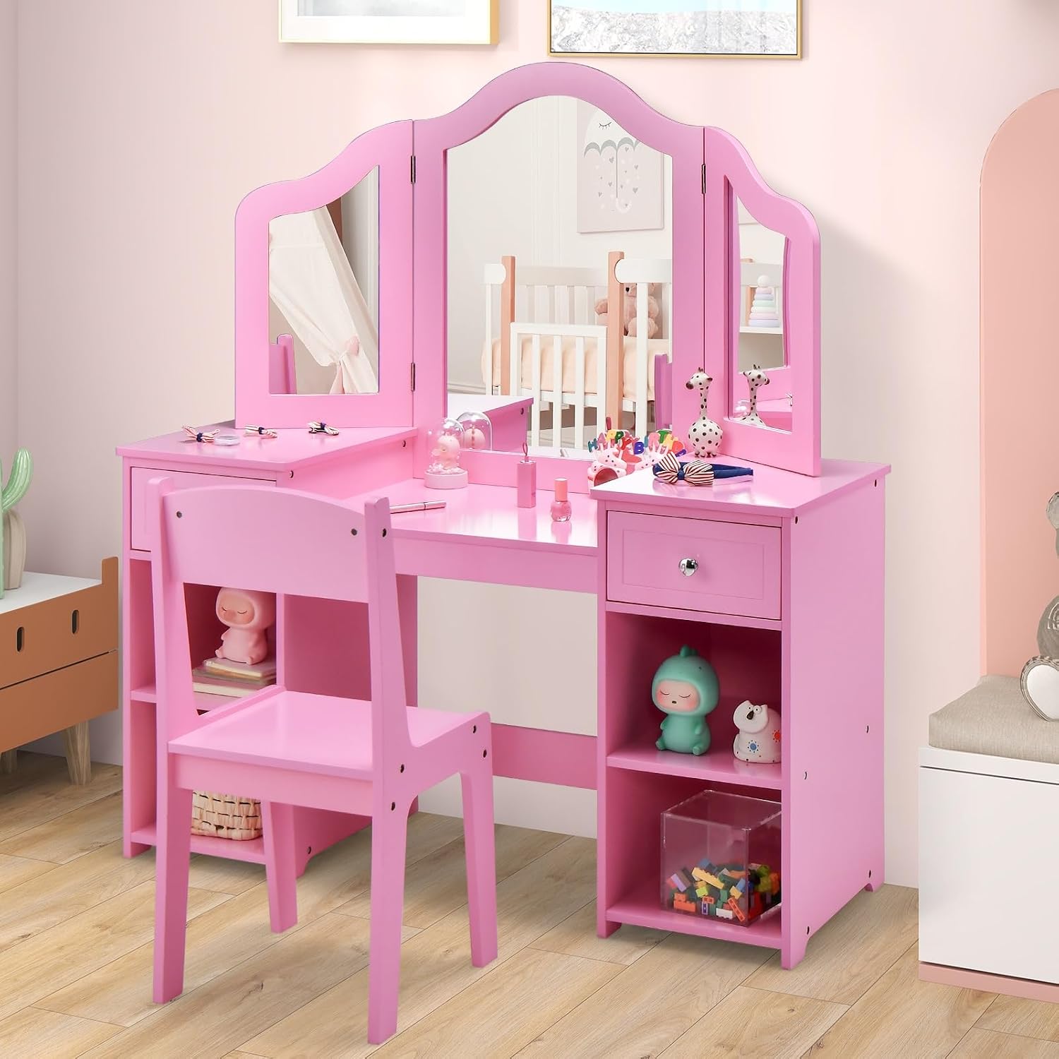 AKUSTIK Kids Vanity, 2 in 1 Wooden Princess Makeup Table and Chair for Toddlers with Tri-Folding Detachable Mirror, Storage Drawers for Little Girls, Pretend Beauty Dressing Desk Play Set Toy Gift