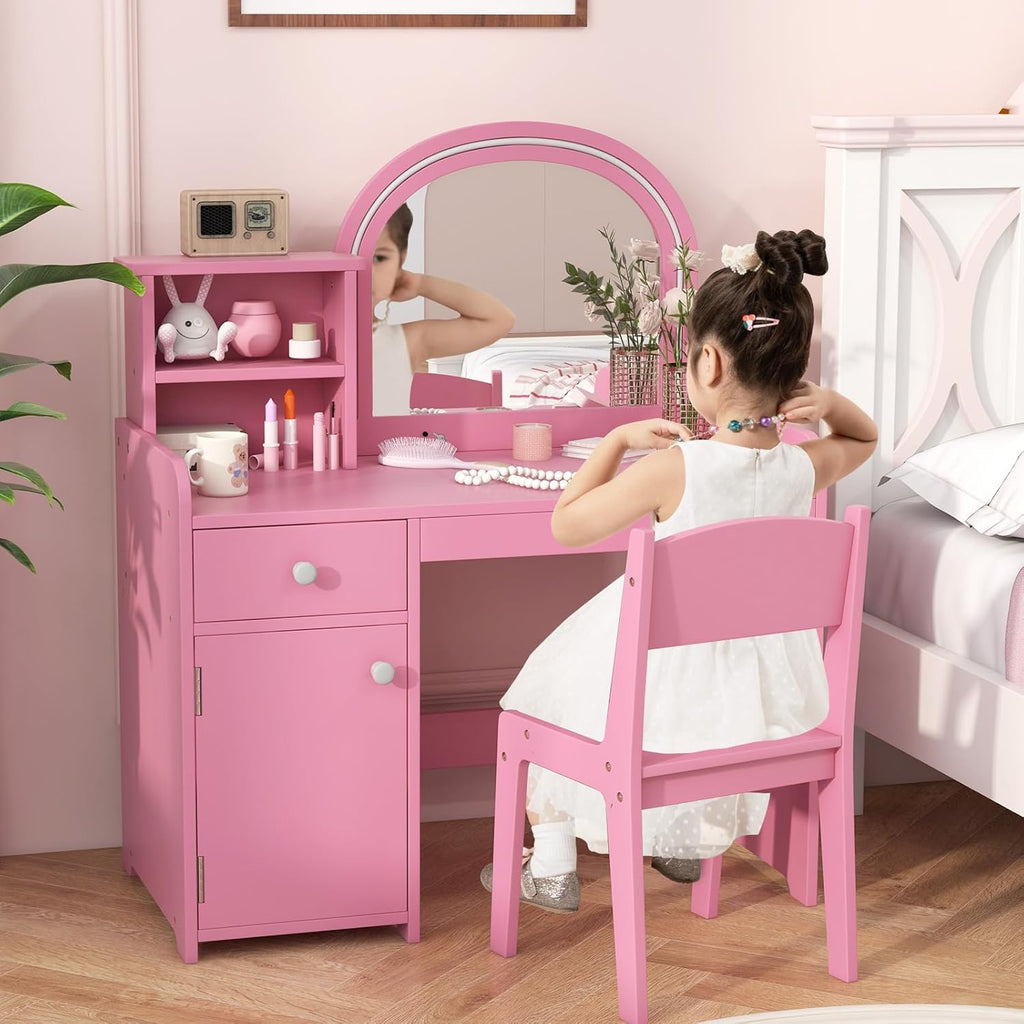 INFANS Kids Vanity, Princess Makeup Desk and Chair Set with Lights Mirror Drawer Storage Shelves, Wooden Dressing Table, Pretend Play Vanity Set for Girls