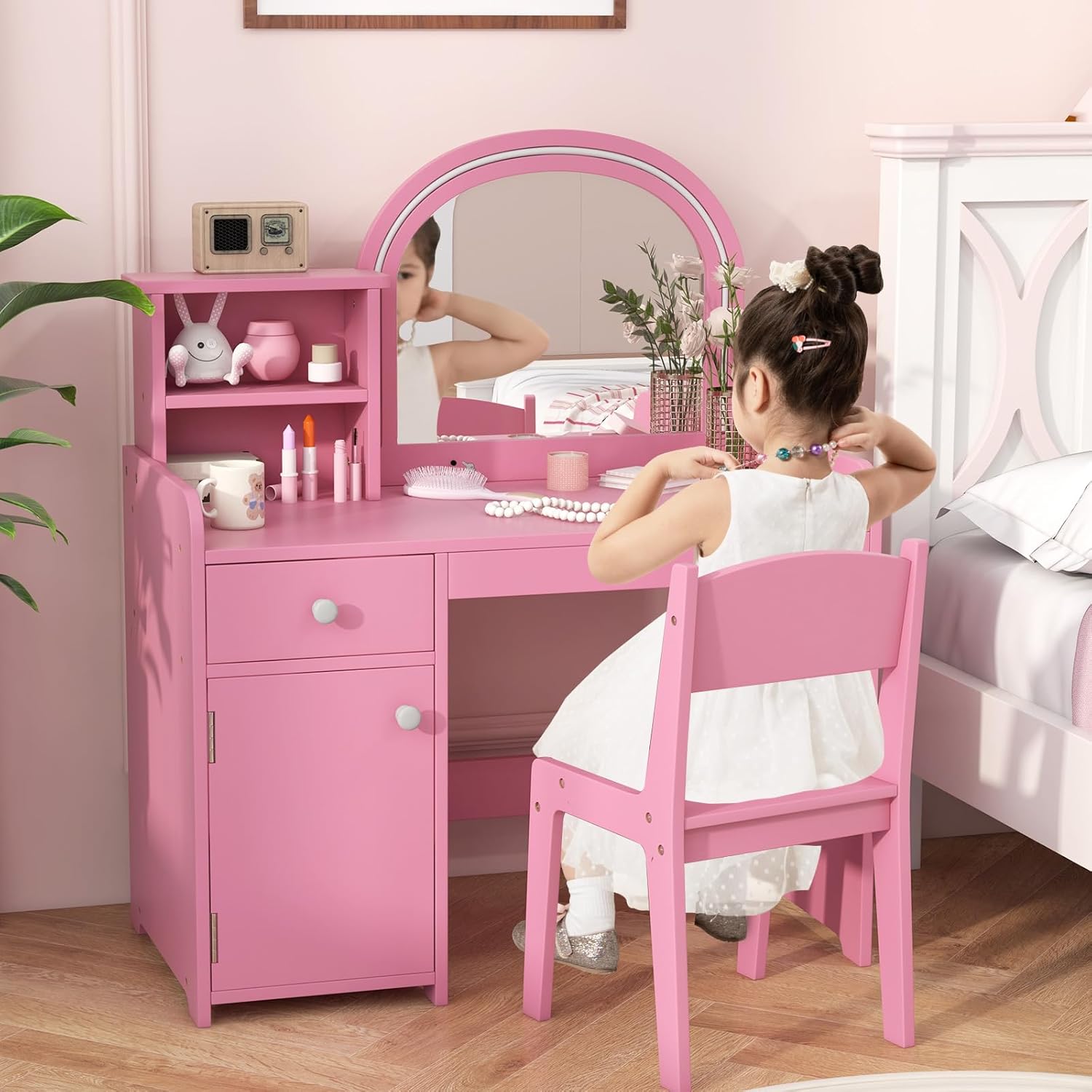INFANS Kids Vanity, Princess Makeup Desk and Chair Set with Lights Mirror Drawer Storage Shelves, Wooden Dressing Table, Pretend Play Vanity Set for Girls