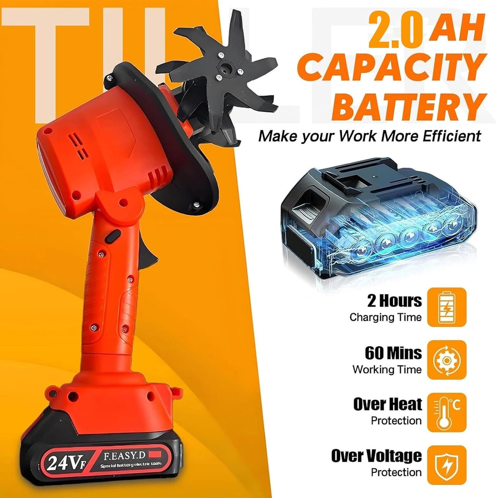 21V Cordless Tiller for Gardening, 360 RPM Electric Garden Tiller, 2-in-1 Powered Mini Cultivator with 2×2.0Ah Batteries & Charger, 5' Tilling Width, 4' Depth, for Lawn/Soil Cultivation (with Pole)