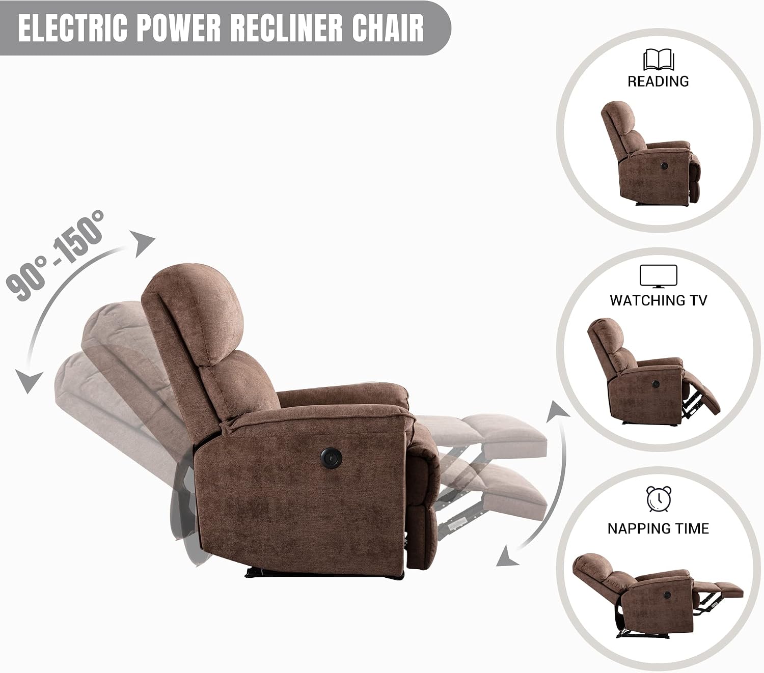 EBELLO Power Recliner Chair, Electric Recliner, Breathable Fabric Single Overstuffed Recliner Sofa with USB Charge Port for Elderly Living Room, Bedroom, Brown