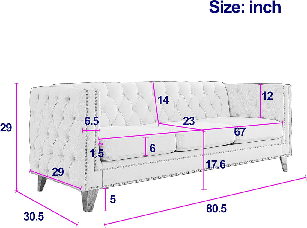 KEIKI 3 Seat Tufted Velvet Sofa Couch for Living Room, Buttons Tufted Square Arm Couch for Home Apartment, Beige