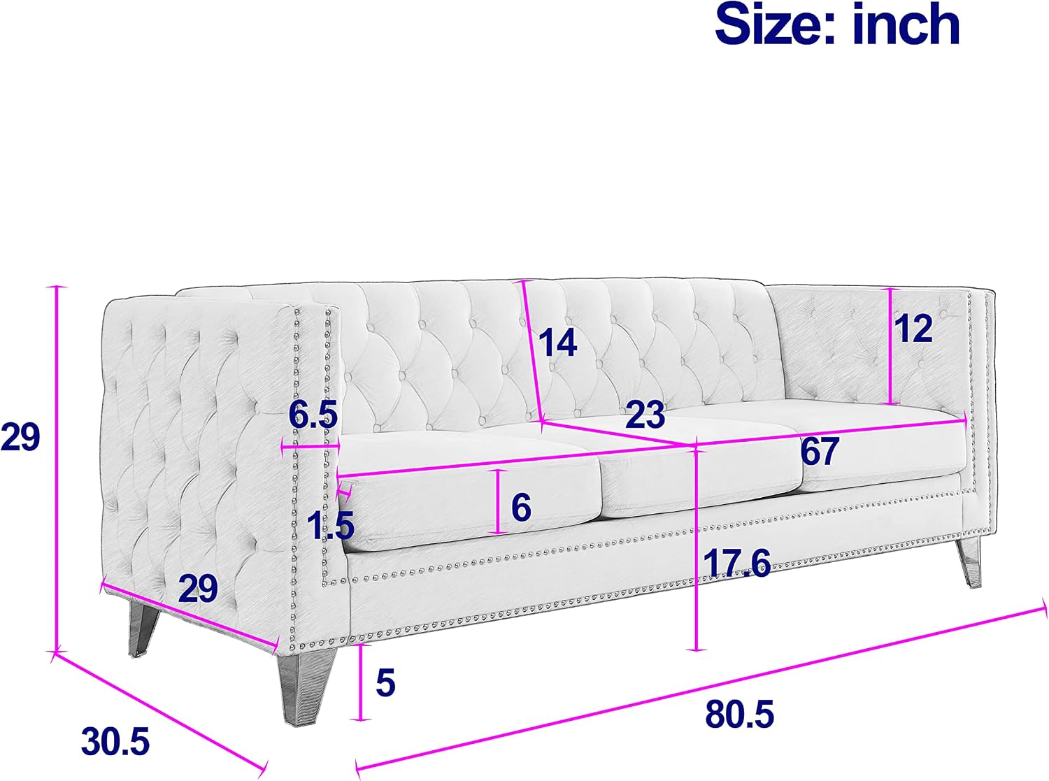 KEIKI 3 Seat Tufted Velvet Sofa Couch for Living Room, Buttons Tufted Square Arm Couch for Home Apartment, Beige