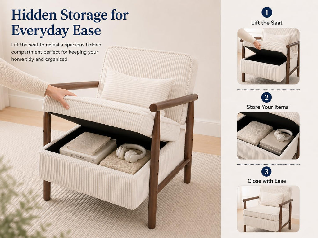 Accent Chair with Hidden Storage, Mid-Century Upholstered Armchair with Solid Wood Frame, Corduroy Fabric Accent Chair for Living Room, Bedroom, and Reading Corner(White)