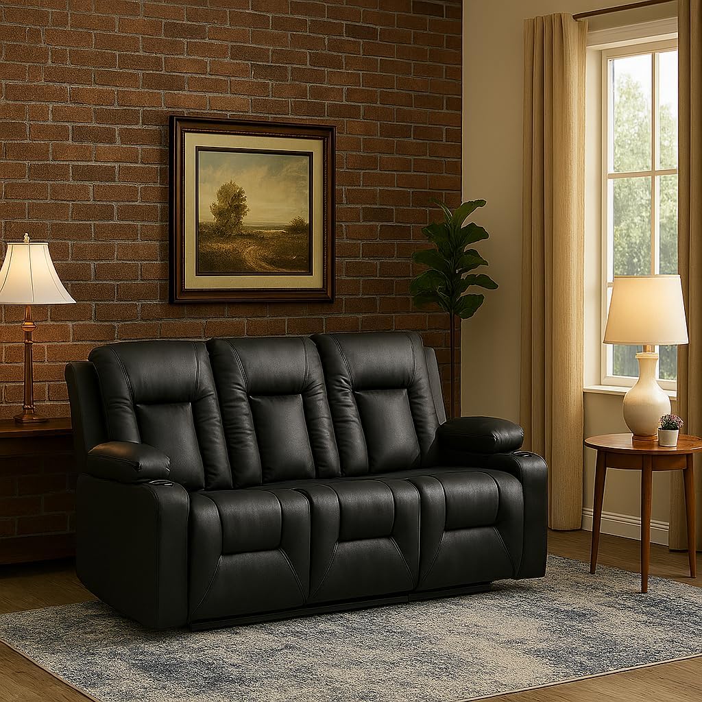 LUCKLIFE Leather Recliner Sofa Set with Manual Recliners,Living Room Furniture Set with Reclining Couch,Loveseat and Armchair,Living Room Chair with Cup Holders,Black (3+1+1)