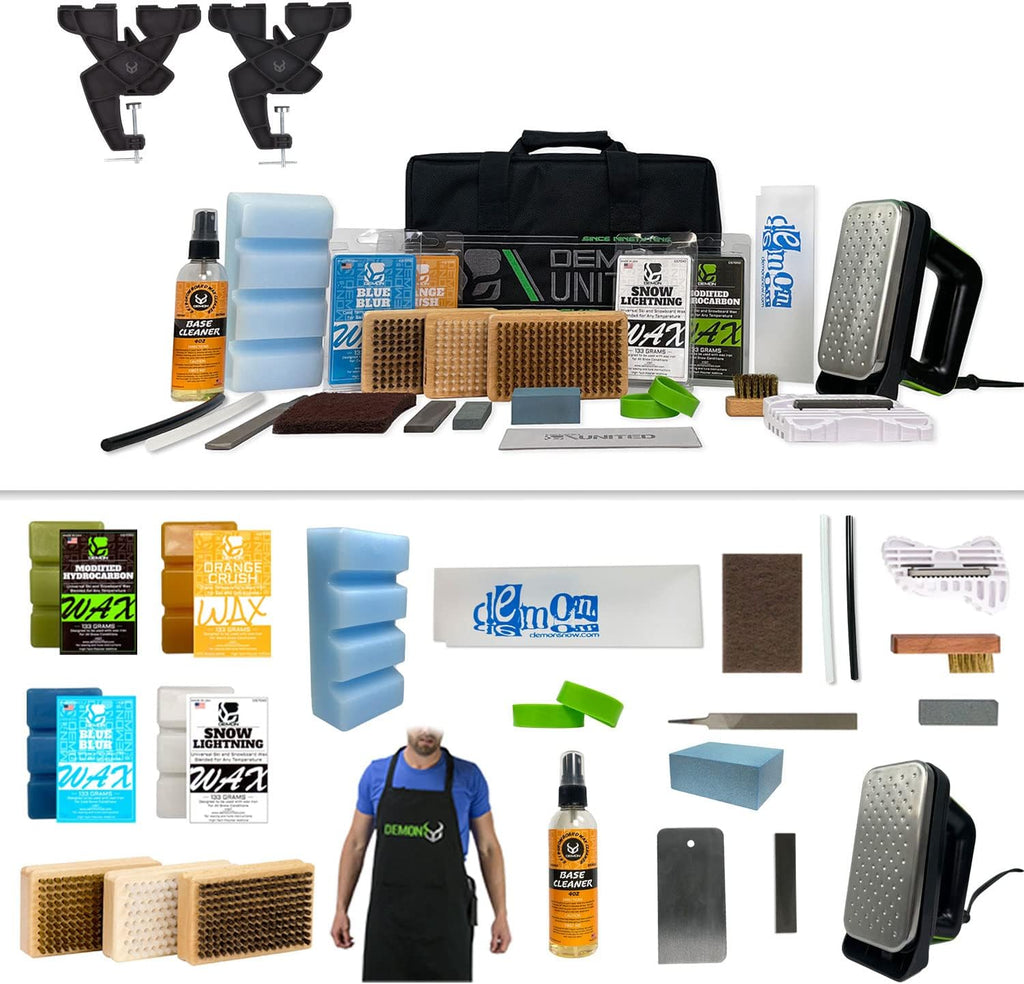 Demon Charger Ski and Snowboard Tuning Kit w/Iron, Premier Wax Package, Brush Kit, Base Cleaner, Apron & Elite X Ski & Snowboard Edge Tuner w/Side Edge Multi-Tool w/ 3 Diamond Files