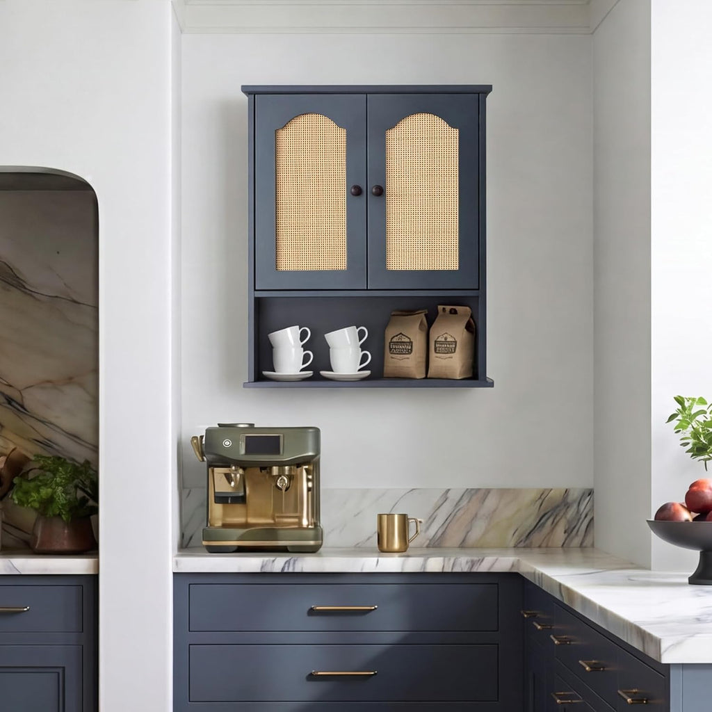 Premium Over The Toilet Storage Cabinet, Boho & Farmhouse Rattan Bathroom Organizer, Adjustable Bottom Bar for Water Valve Clearance, Navy Blue P2 MDF, 24'x30'