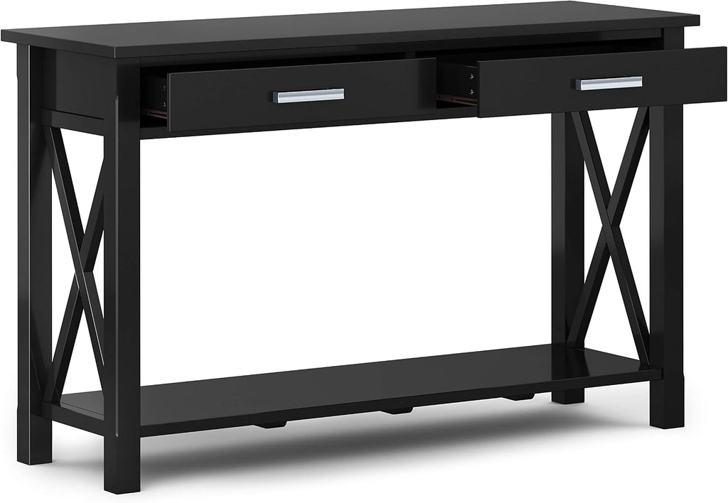 SIMPLIHOME Kitchener Console Table - 47 Inch Wide Solid Wood Sofa Table in Black, Contemporary Storage Table for Entryway or Living Room with 2 Drawers, Bottom Shelf, and X-Design Side Panels