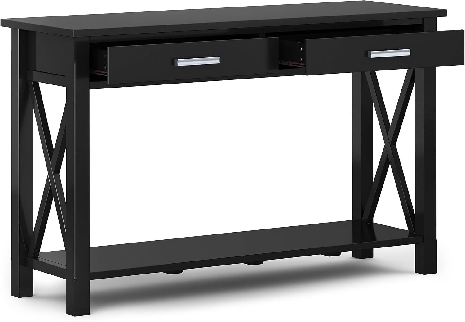 SIMPLIHOME Kitchener Console Table - 47 Inch Wide Solid Wood Sofa Table in Black, Contemporary Storage Table for Entryway or Living Room with 2 Drawers, Bottom Shelf, and X-Design Side Panels