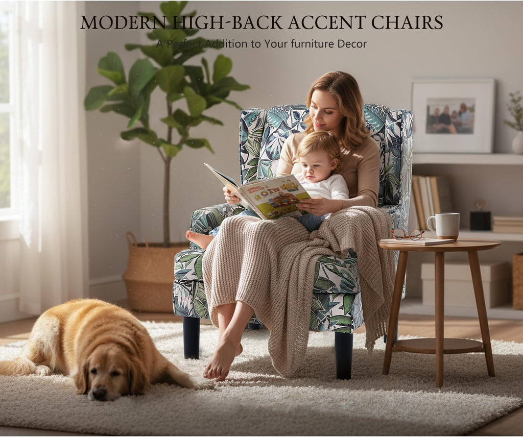 Modern Accent Chair for Living Room Chairs Oversized Reading Chair Accent Chairs for Living Room Sofa Chair with High Back and Wood Legs,Upholstered Armchair Comfy Chair for Bedroom(Green Floral)