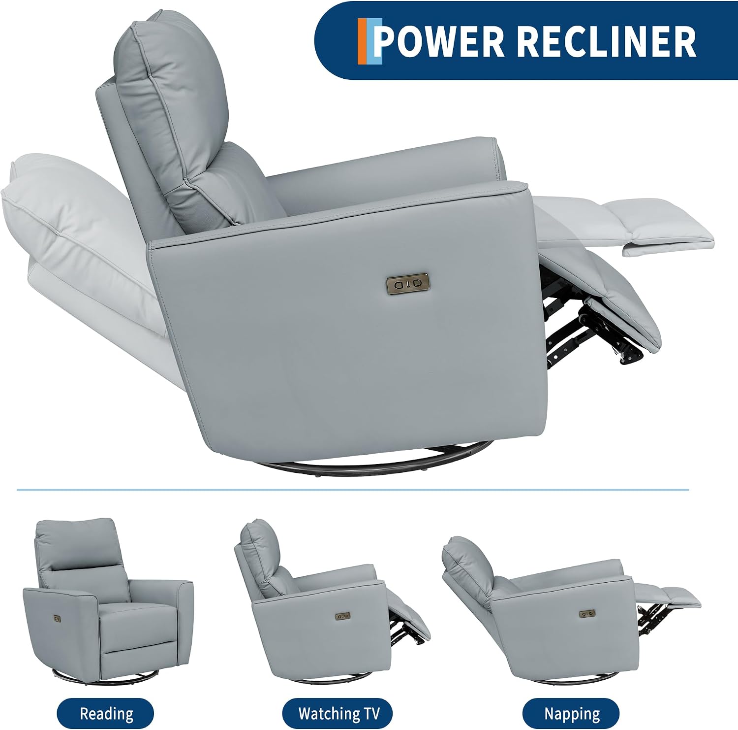 GarveeHome Power Recliner Chair, 270° Swivel Rocking Glider with USB Charging Port, PU Leather Upholstered Fabric, Ergonomic Modern Nursery Chair for Living Room, Bedroom, Nursery (Gray)
