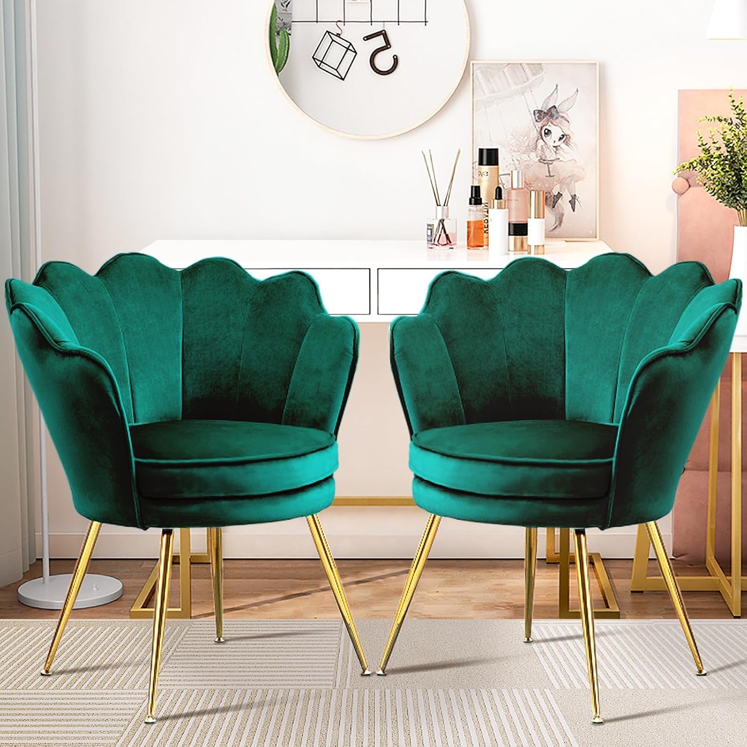 Czlolo Accent Chairs Set of 2 for Living Room, Velvet Upholstered Makeup Room Vanity Chair with Back, Golden Metal Legs Small Accent Side Chair for Bedroom, Cloud Chair Set, 2 Pcs Emerald Green