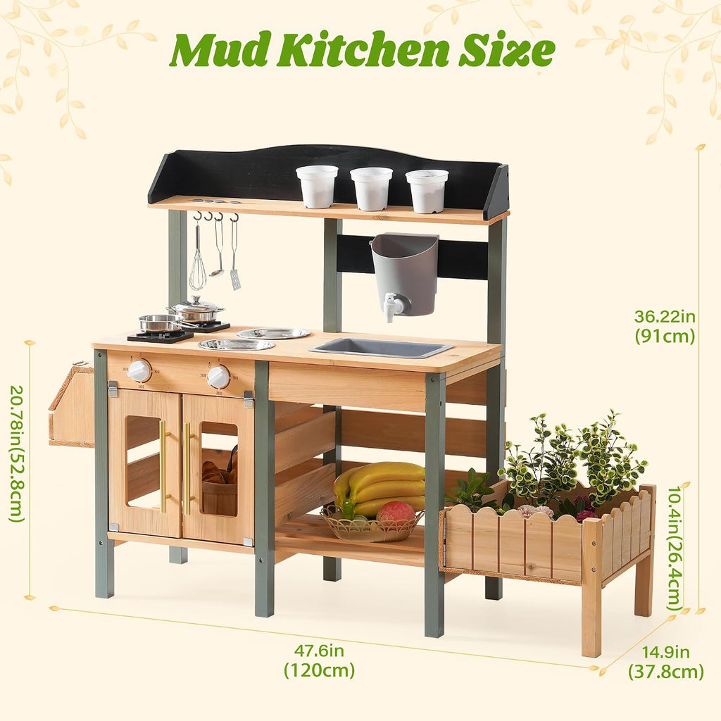 ROBOTIME Mud Kitchen for Kids Outdoor, Wood Outdoor Kitchen with Insect Observation Box & Planter Box, Toddler Play Kitchen with Removable Sink & Faucet, Pretend Outdoor Playset