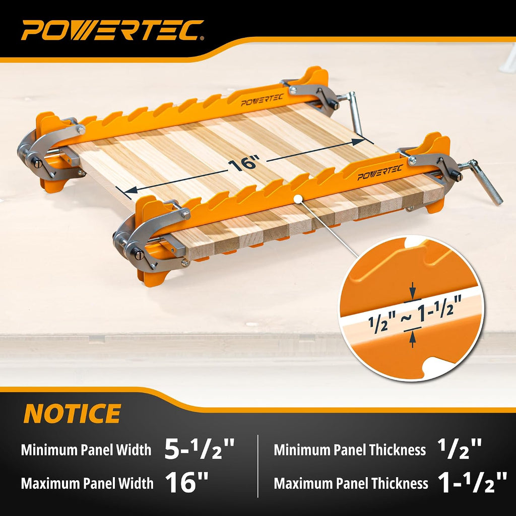 POWERTEC 16' Panel Clamps, 4-Way Pressure Cabinet Clamp Set with Storage Rack, Panel Glue-Up Clamps for Cutting Boards, Tabletops & Wood Panels (72436)