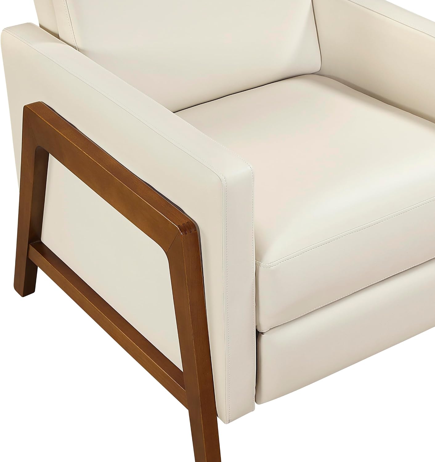 Lexicon Push Back Recliner Chair, Faux Leather Upholstered Reclining Chair with Footrest, Exposed Dark Brown Finish Wood Frame, Small Recliner for Small Space, Living Room, Bedroom, Light Beige