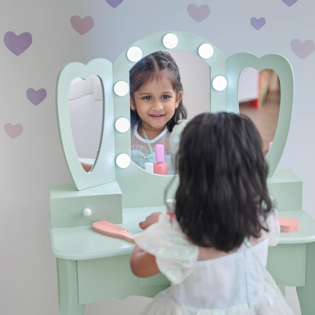 Teamson Kids Heart Glow Makeup Kids Vanity Set with Heart Shape LED Light-Up Mirror, Matching Stool and Storage Drawers, Pretend Makeup Play Table for Toddlers and Girls 3+ Years Old, Sage Green