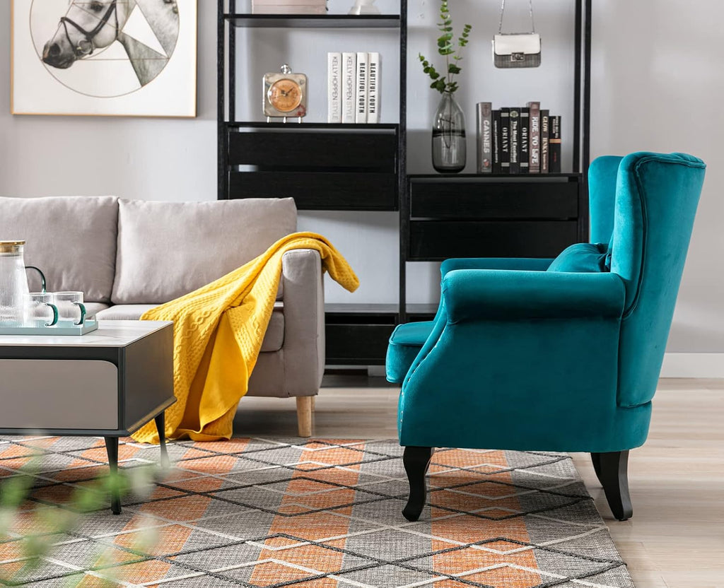 Kmax Teal Blue Accent Chair Velvet Wingback Chair with Pillow Nail-Head Channel Tufted Oversized Club Chair for Living Room Bedroom Guest Room