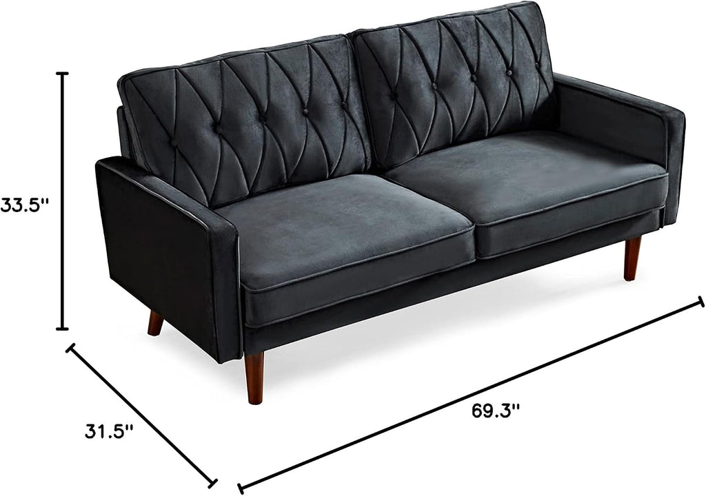 Container Furniture Modern Style Tufted Velvet Couches for Living Room with Soft Fabric Upholstery and Solid Wood Frame, 2 Piece Sofa and Loveseat Set, Black