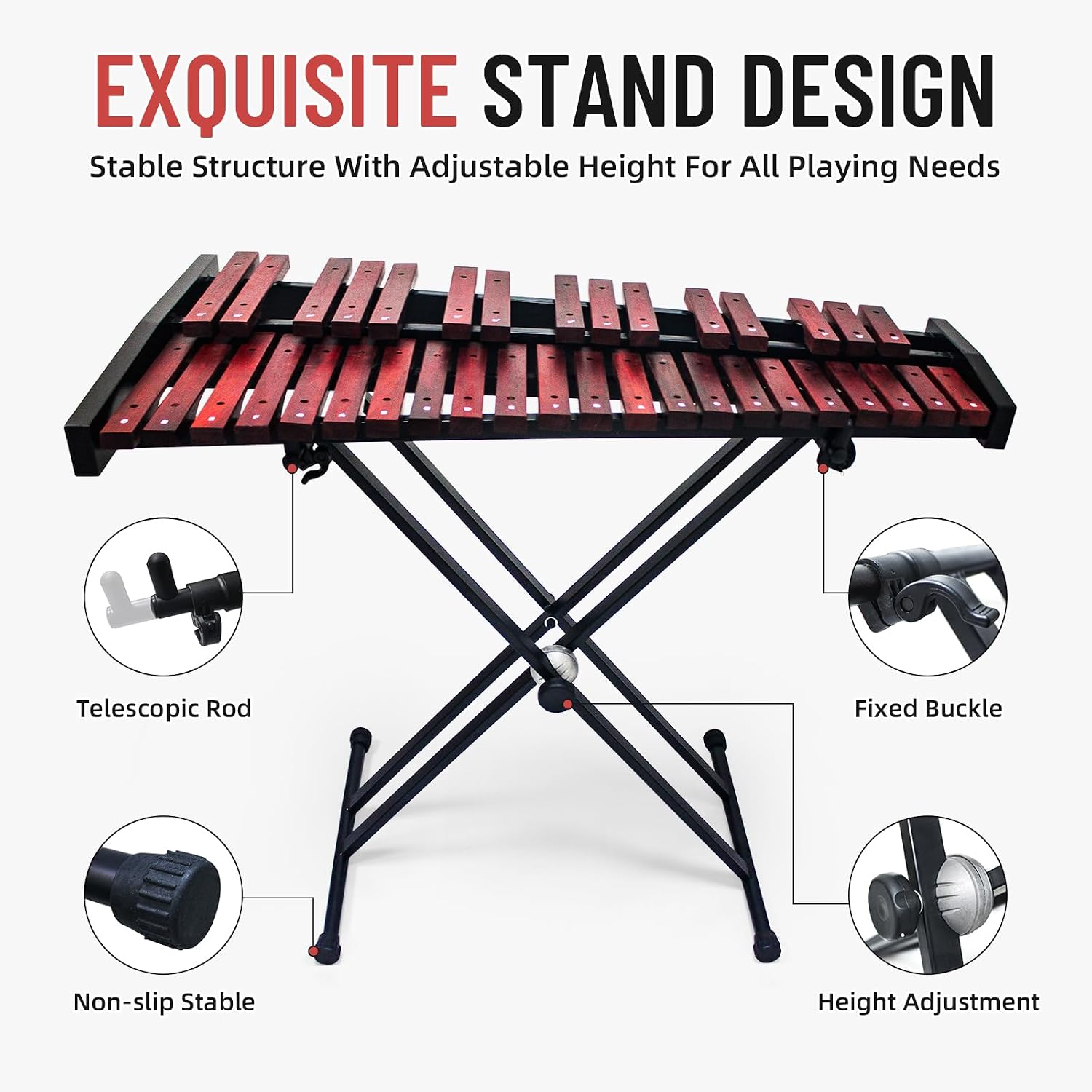 Marimba,37-key wooden Xylophone, complete with two pairs of mallets in different tones and an adjustable stand; a professional marimba suitable for beginners and students